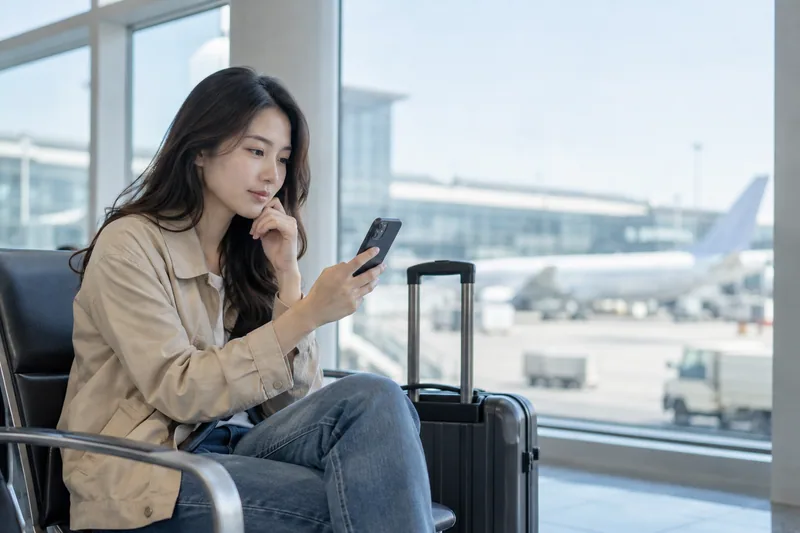 旅客在機場候機區確認手機上的行程資訊
